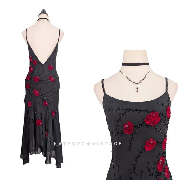 Vintage Sue Wong Maxi Dress Gown 6 Black Red Y2K Fairy Goth Silk Floral Velvet - Picture 2 of 16